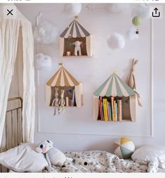 a child's room with toys hanging on the wall