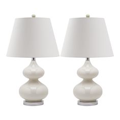 pair of white ceramic table lamps with shades