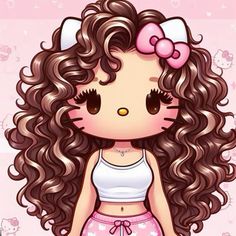 a girl with long brown hair and a pink bow on her head is standing in front of a hello kitty background