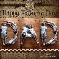 the happy father's day card features four photos of people laying on their stomachs