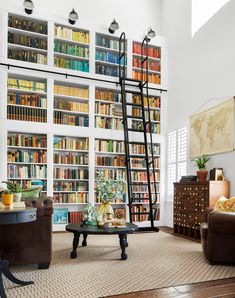 a living room filled with furniture and bookshelves covered in lots of bookcases