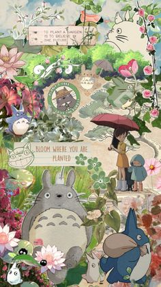 a collage of cartoon characters with flowers and plants in the background that says, bloom where you are planted