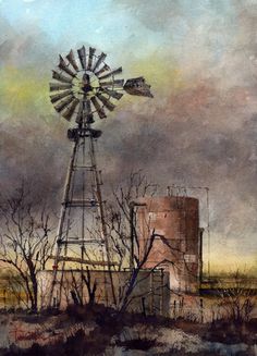 an oil painting of a windmill and trees