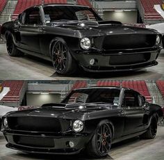 the front and side view of a black muscle car