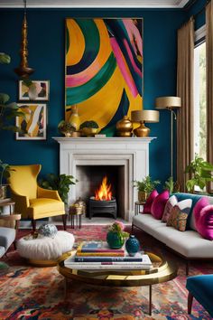 a living room filled with furniture and a fire place in front of a painting on the wall