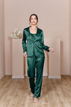 Ruby Satin Jacket Pants Silhouette, Jacket Silhouette, Wedding Parties Colors, Satin Suit, Jade Dress, Fitted Pants, Satin Jacket, Fitted Jacket, Bridesmaid Dress Colors