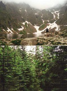 two pictures of people standing on rocks in front of trees and mountains, one is looking at the camera