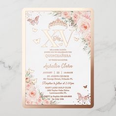 a pink and gold wedding card with roses, butterflies and the letter v on it