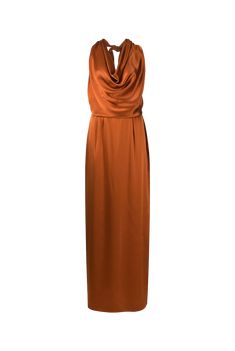 This Convertible Dress makes the perfect statement piece. It is an elegant backless halter dress, and also converts to a chic maxi skirt with a dramatic wrap sash at the waist. It features copper silk charmeuse fabric. DETAILS Color: Purple, orange and silver silk cowl neck halterneck rear tie fastening open back concealed rear zip fastening central rear vent straight hem MATERIAL 100% silk charmeuse SIZING Model wears a size small and is 5'7 Chic Maxi Skirt, Backless Halter Dress, Organic Cotton Blanket, Charmeuse Fabric, Cowl Dress, Silk Wrap Dresses, Designer Evening Gowns, Beach Wear Outfits, Convertible Dress