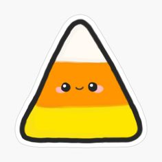 an orange and yellow triangle shaped sticker with eyes on it's face, in the shape of a candy corn