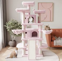 Pastel Barbie pink large cat tree soft unique Pink Cat Stuff, Cute Cat Stuff, Large Cat Tree, Cat Bedroom, Cat Tree Condo, Cat Activity, Cat Perch, Cat Claws, Parc D'attraction