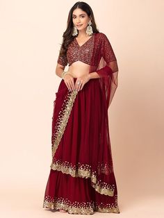 Amazing Red Lehenga Choli For Women Indian Wedding Party Wear Lehenga Bridesmaids Ready To Wear Chaniya Choli Sangeet Wear Lahengas For Her  Lehenga (Semi-Stitched) Fabric : Georgette Work : Zari Sequence Embroidery Work  Inner : Micro Cotton with can-can layered net Flair : 3.00 mtr Size : waist-42" Length-42" Blouse (Un stitched) Fabric : Georgette Work : Zari Sequence Embroidery Work  Size : Made up to 42" Dupatta Fabric : Net work : Work Lace Border length : 2.20 mtr What is Semi-Stitched? S New Lehenga Choli, Indian Wedding Party, Maroon Lehenga, Lehenga Bridesmaid, Red Lehenga Choli, Georgette Material, Reception Lehenga, Party Wear Lehenga Choli, Bollywood Lehenga