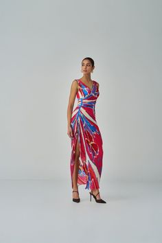 Anya Dress – shopnavaa Multicolor Draped Silk Dress, Sleeveless Dress With Vibrant Print For Evening, Sleeveless Dresses With Vibrant Print For Evening, Multicolor Fitted Draped Dress, Sleeveless Evening Dress With Vibrant Print, Multicolor Ruched Silk Dress, Sleeveless Ruched Wrap Dress, Elegant Ruched Multicolor Dresses, Pink V-neck Dress With Abstract Print