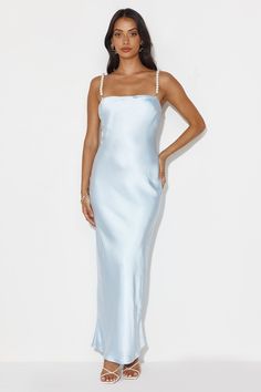 Length from bust to hem of size S: 129cm. Chest: 39cm, Waist: 34cm, size S. Maxi dress. Semi-lined. Model is a standard XS and is wearing size XS. True to size. Non-stretch. Removable pearl straps. Cold hand wash only. Zipper. Polyester. Magical moments are made in the Mermaid Dreams Satin Maxi Dress. Featuring removable pearl straps and a gorgeous silky silhouette. Style with heels and sparkly accessories. Pearl Straps, Sparkly Accessories, Dress Light Blue, Mermaid Dreams, Bridal Shower Dress, Shower Dresses, Magical Moments, Jumpsuits And Romper, Satin Maxi