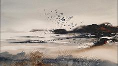 a painting of birds flying in the sky over an ocean and land area with sand dunes