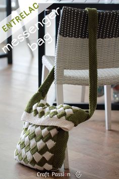 a green and white bag sitting on top of a wooden floor next to a chair