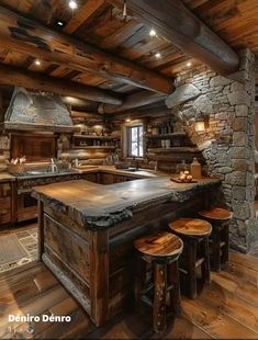 a rustic kitchen with an island counter and stools next to the stove top oven