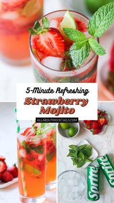 strawberry mojito with mint and lime on the side, surrounded by other ingredients