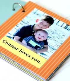 an orange and white photo book with the words, connor loves you