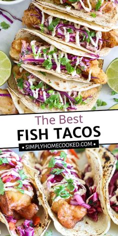 fish tacos with cole slaw and lime wedges