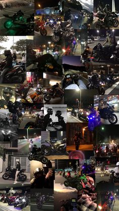 a collage of motorcycles and people at night