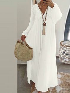 Casual V Neck Long Sleeve White Maxi Dress Casual Cotton Dress, Bohemian Lace Dress, Ruffle Long Dress, Long Dress Plus Size, Loose Maxi Dress, Maxi Robes, Summer Dress Outfits, Maxi Dress Cotton, Long Shirt Dress