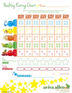 a printable healthy eating chart with stars on the bottom and an image of food