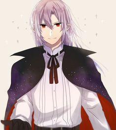 an anime character with white hair and purple hair wearing a black cape, standing in front of stars