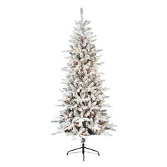 a white christmas tree on a stand with snow flakes and lights in the top