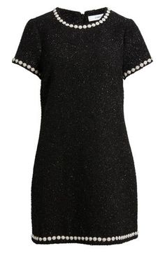 This form-fitting dress drenched in dazzle and trimmed in pearly beads brings a spotlight to the classic sheath. 33" length (size 4) Hidden back-zip closure Jewel neck Short sleeves Lined 100% polyester Dry clean Imported Long Sleeve Sheath Dress, Fitting Dress, Form Fitting Dress, Midi Sheath Dress, Black Sheath Dress, Dress Home, Mini Cocktail Dress, Jewel Neck, Fabric Gifts