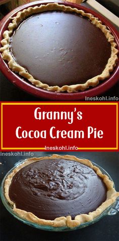 there is a pie with chocolate icing on it and the words granny's cocoa cream pie