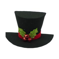 Frosty's top hat is ready to top your creations with its green holly leaves sprinkled with glitter and red, shiny bells serving as holly berries. This Snowman Hat is a perfect addition to any tree as a topper or filler, a tablescape, or a tiered tray. The options are endless for this versatile piece! • Materials: Felt, Metal• Dimensions: 10" x 5" x 5"• Colors: Black, Red, Green• Item Number: 78081 Follow us on social media for some effortless ‘how to’ inspiration! Adjustable Mini Hats For Christmas, Snowman Accessories, Fall Garlands, Paper Mesh, Snowman Hat, Summer Christmas, Holly Leaves, Trendy Tree, Frosty The Snowmen