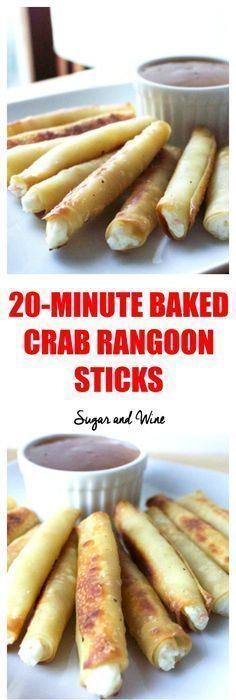 two pictures showing how to make baked crab rangoon sticks with dipping sauce on the side