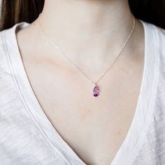 "Overview * Dainty alexandrite necklace * Delicate lavender CZ pendant * June birthstone * Handmade with alexandrite cz and gold-filled or sterling silver chain * Available in sterling silver or gold filled * Simple, delicate necklace * Birthday gift * For children or adults Details * Available in 15\", 16\", or 18\" lengths * Alexandrite teardrop is is 6x12mm ›› ›› ›› ›› ›› ›› ›› ›› ›› ›› ›› ›› ›› ›› ›› ›› ›› ›› ›› ›› ›› ›› ›› ›› ›› ›› ›› ›› ›› ›› ›› ›› ›› ›› ›› ›› ›› This necklace is available Purple Teardrop Drop Necklace As Gift, Lavender Teardrop Pendant Jewelry Gift, Purple Teardrop Gemstone Necklace, Purple Teardrop Pendant Fine Necklace, Purple Teardrop Pendant Necklace In Sterling Silver, Faceted Lavender Teardrop Jewelry, Alexandrite Necklace Pendants, Alexandrite Necklace, Cubic Zirconia Necklace