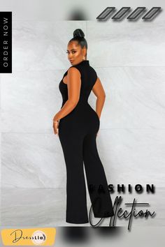 a woman in a black jumpsuit with the words fashion affair written on her chest