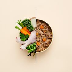 a bowl filled with meat and vegetables on top of a white table next to another bowl full of food