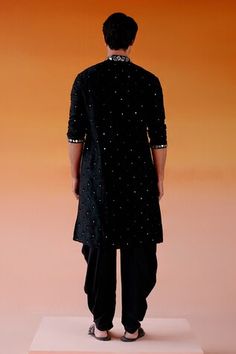 Black afghani kurta with mirror embroidery in silk base. Paired with a matching salwar. - Aza Fashions Mirror Embroidery, Men Kurta, Black Mirror, Embroidered Silk, Black Silk, Aza Fashion, Three Quarter, The Twenties, Mirror