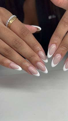 Nail Ideas Almond Shape French Tip, Acrylic Nail Almond Shape, French In Almond Nails, White Tips On Almond Nails, Almond With French Tip, Almonds French Tip Nails, Nails French Almond Shape, Elegant French Tip Nails Almond, French Tips Nails Almond Shape