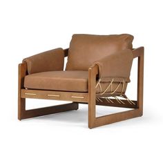 a brown leather chair sitting on top of a wooden frame