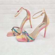 Colorful Upper Rhinestone Double Toe Strap With Knot Detail Open Toe Squared Design Stiletto Heel New In Box Runs True To Size Multicolor High Heel Sandals With Rhinestones, Multicolor Rhinestone High Heel Sandals, Rainbow Round Toe Sandals For Party, Rainbow Sandals With Round Toe For Party, Rainbow Open Toe Heels For Party, Colorful Pointed Toe Heels For Summer, Trendy Rainbow Heels For Spring, Yellow Heels With Rhinestones For Party, Yellow Rhinestone Heels For Party