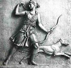 an ancient drawing of a woman holding a bow next to a deer