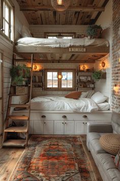 a loft bed sitting in the middle of a living room