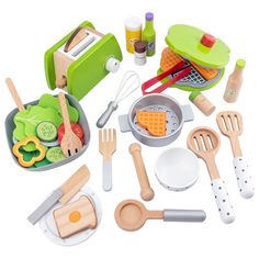 a toy kitchen set with utensils and other items