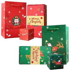 four christmas gift bags in different colors and designs