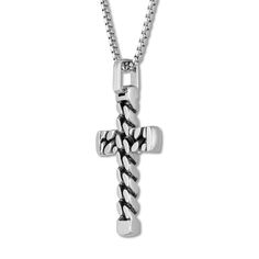 Crafted of stainless steel, this distinctive men's cross necklace features a curb chain design. The 24-inch box chain fastens with a lobster clasp. Silver Cross Chain For Men, Silver Curb Chain Necklace With Cross Pendant, Silver Cross Curb Chain Necklace, Silver Cross Necklace With Curb Chain, Silver Cross Chain Necklace With Curb Chain, Stainless Steel Cross Necklace With Curb Chain, Stainless Steel Cross Pendant Chain Necklace, Silver Cross Chain, Chain Cross Necklace