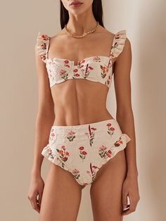 Feminine Ruffled Swimwear For Summer, Feminine Ruffled Swimwear For Vacation, Feminine Fitted Ruffled Swimwear, Ruffled High Waist Swimwear, High Waist Ruffled Swimwear, Ruffled High Waist Beachwear, Feminine Fitted Swimwear For Vacation, High Waist Ruffled Beachwear Swimwear, Feminine Fitted Swimwear For Sunbathing