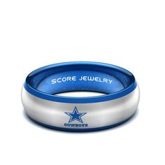 a blue and white ring with the word score jewelry on it's center, in front of a white background