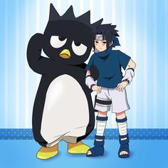 two people standing next to each other in front of a penguin and penguinie character