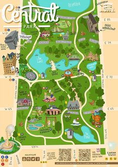 an illustrated map of central park in washington, usa with the names and attractions on it