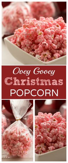 christmas popcorn in a white bowl with the title overlay that reads, ooey gooey christmas popcorn